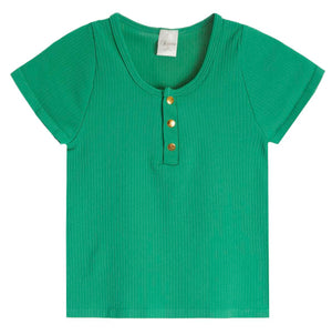 Suzette Seamless Rib Cap Sleeve Henley with Gold Snaps