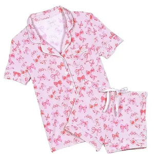 KatieJ Lynn Shorts Tween Lounge Set, Pink Bow Print