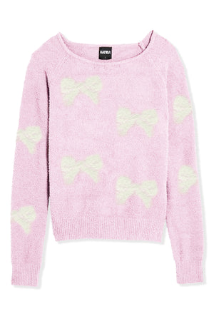 KatieJ Parker Cozy Crewneck Off Shoulder Top, Baby Pink with White Bows