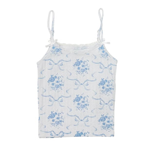 fbz Blue Bow Toile Lace Trimmed Cami Tank Top