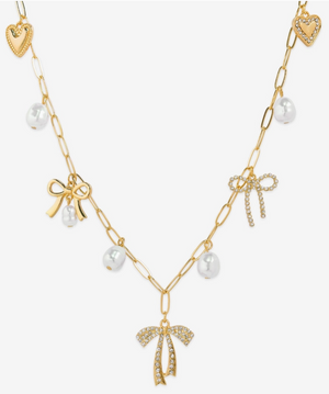 Multi Pearl Bow Charm Necklace