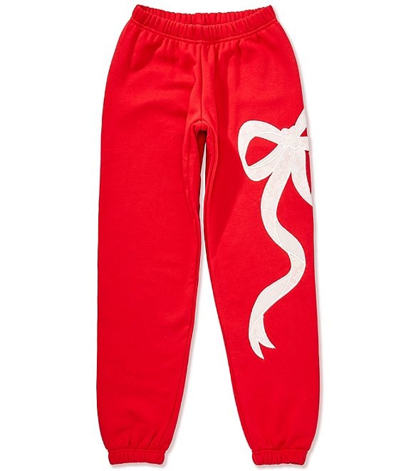 KatieJ Dylan Bow Applique Sweat Pant, Red with Baby Pink Lace
