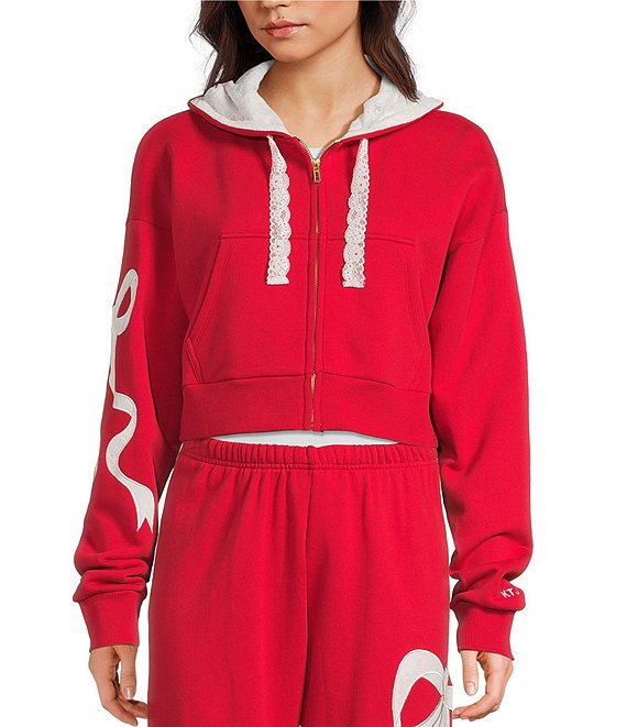 KatieJ Dylan Bow Applique Cropped Zip Up Hoodie, Red with Pink Lace