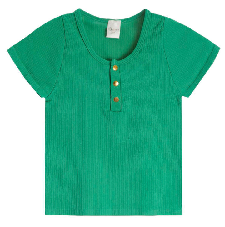 Suzette Seamless Rib Cap Sleeve Henley with Gold Snaps