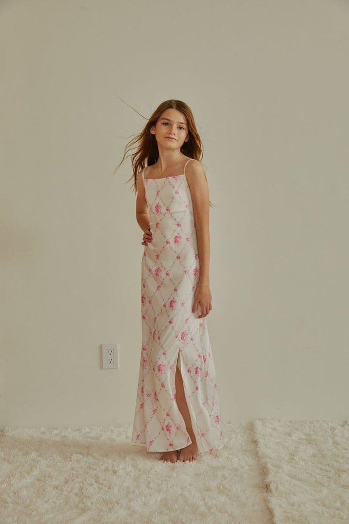 ThemeNY Charlotte Vintage Romantic Rose Long Satin Dress