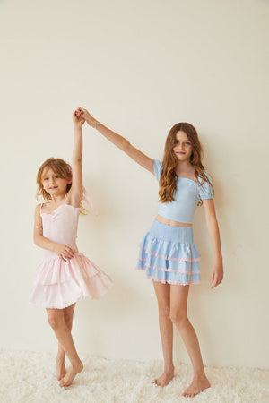 Gemma Pastel Blue Satin Mini Skirt with Pink Lace