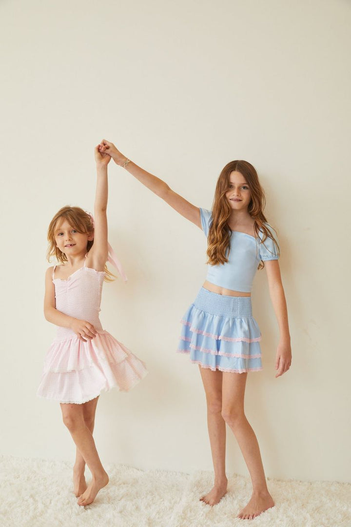 Gemma Pastel Blue Satin Mini Skirt with Pink Lace