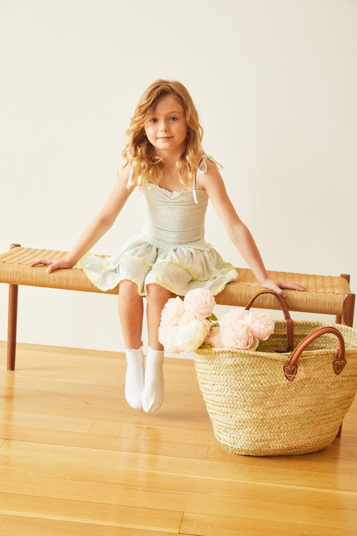 ThemeNY Lola Garden Rose Yellow Smocked Satin Ruffle Dress