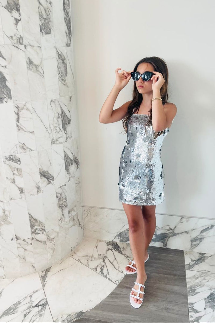 ThemeNY Lena Silver Flower Sequin Dress