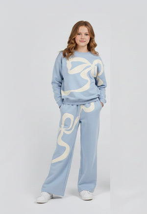 Tweenstyle By Stoopher Oversized Bow Set, Sweatshirt & Wide Leg Pull On Pant, Light Blue