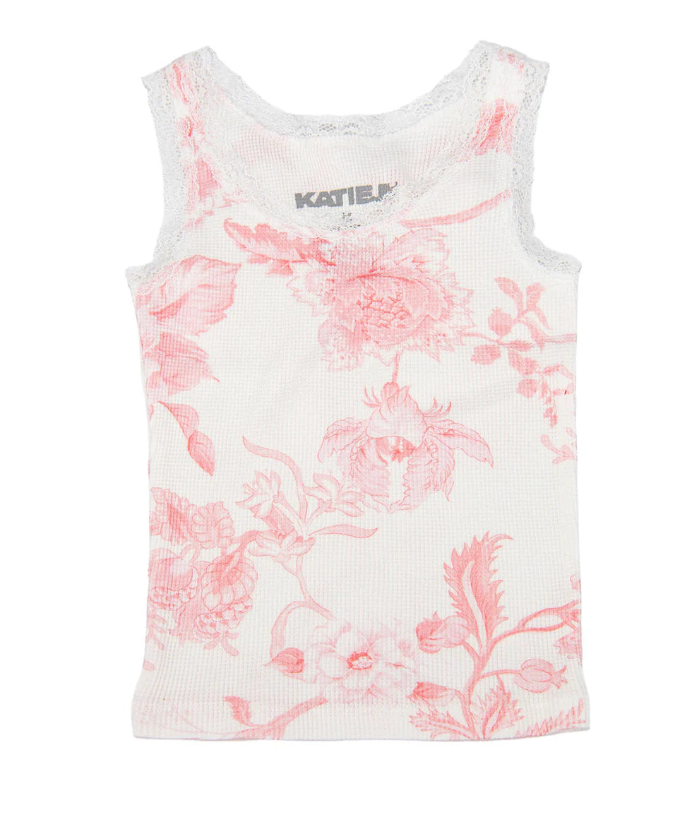 KatieJ Wren Tween Waffle Tank in Large Pink Toile