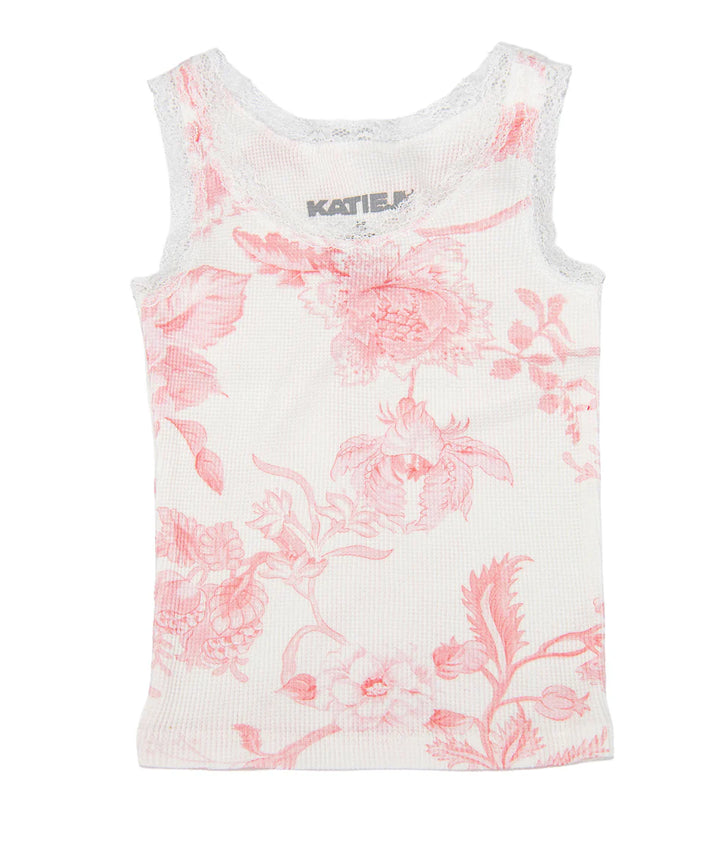 KatieJ Wren Tween Waffle Tank in Large Pink Toile