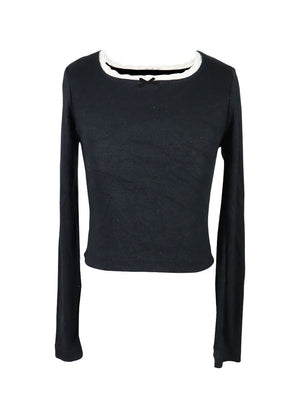 fbz Top, Black Long Sleeve with Renda Off White Lace Trim