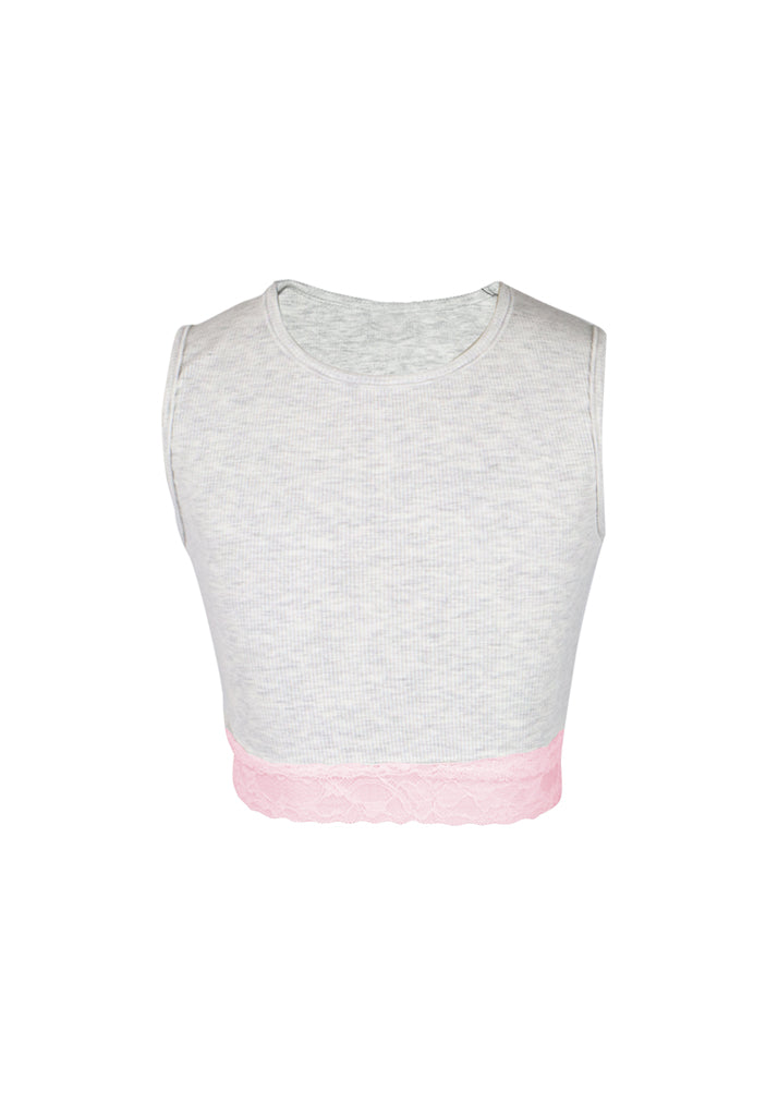 fbz Light Misty Grey Ribbed Tank with Pink Renda Lace Trim