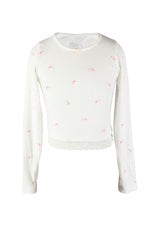 fbz Cream Ditsy Ribbed Long Sleeve Top with Lace Trim