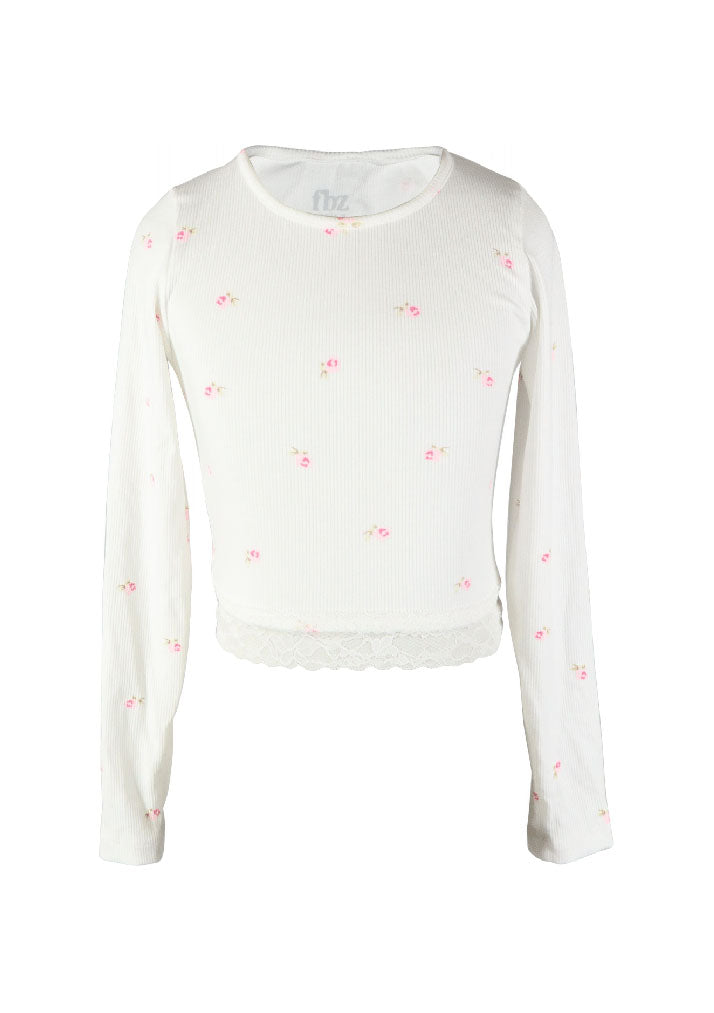 fbz Cream Ditsy Ribbed Long Sleeve Top with Lace Trim