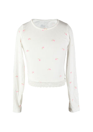 fbz Cream Ditsy Ribbed Long Sleeve Top with Lace Trim