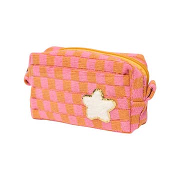 Malibu Sugar Checkered Cosmetic Bag w/ Glitter Chenille Patches For Tweens