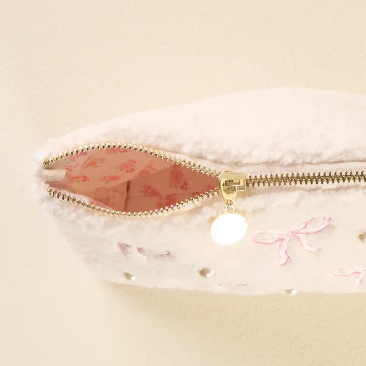 Teddy Pouch with Bows and Pearls, Pink