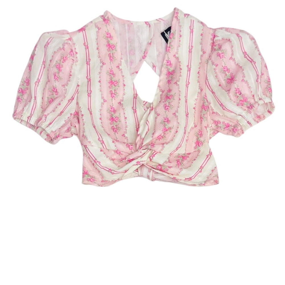 KatieJ Juliet Printed Twisted Front Top, Baby Pink Cottage Stripe