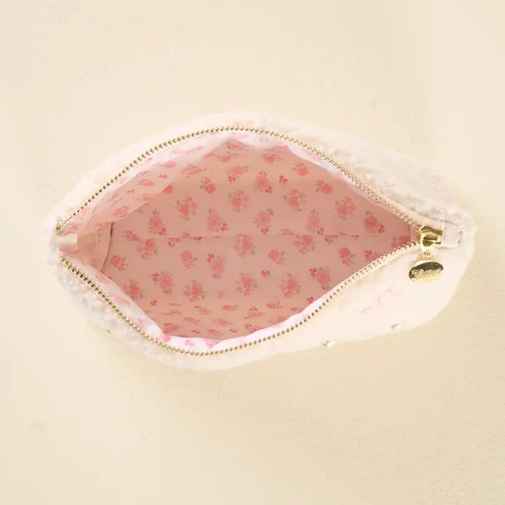 Teddy Pouch with Bows and Pearls, Pink