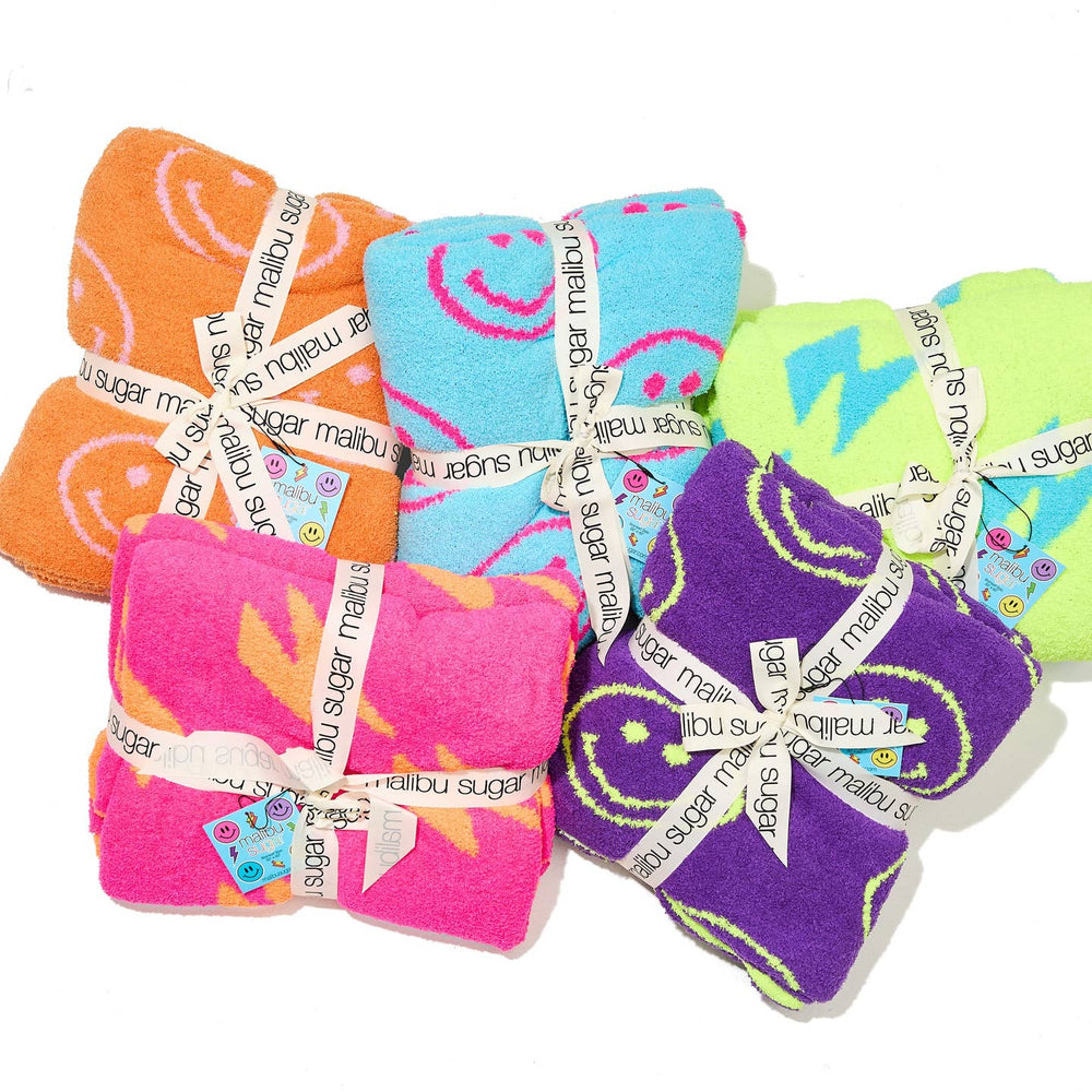 Malibu Sugar Smiley Face & Lightning Reversible Plush Throw Blankets