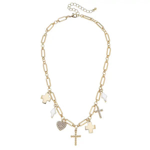 Abigail Multi Cross Charm Necklace in Shiny Gold