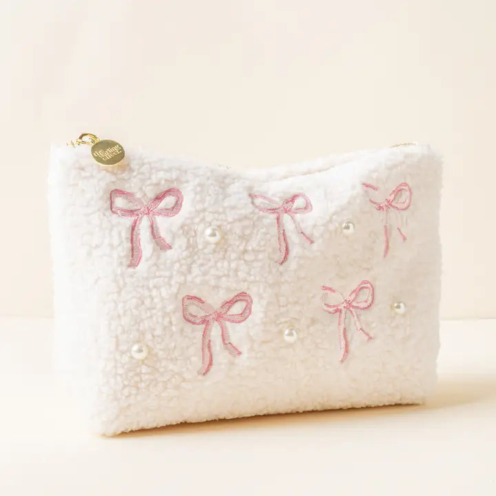 Teddy Pouch with Bows and Pearls, Pink