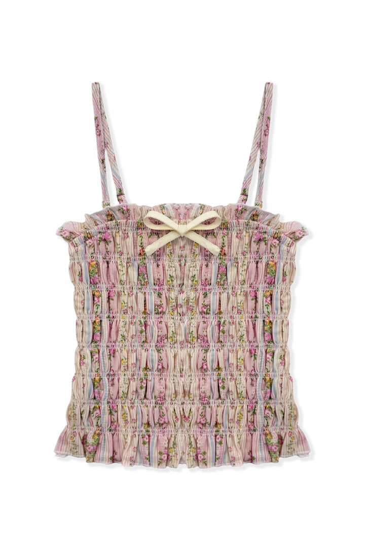 KatieJ Alma Printed Gathered Cami Top, Shabby Floral Stripe