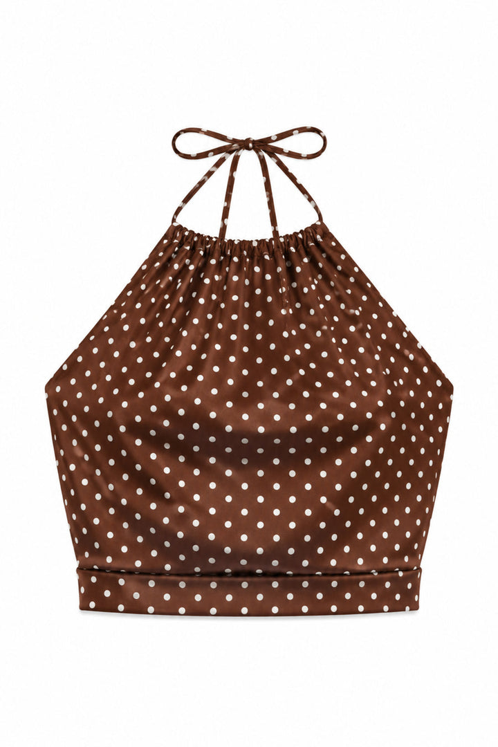 KatieJ Anastasia Reversible Satin Halter Top, Espresso Polka Dot / Bandana