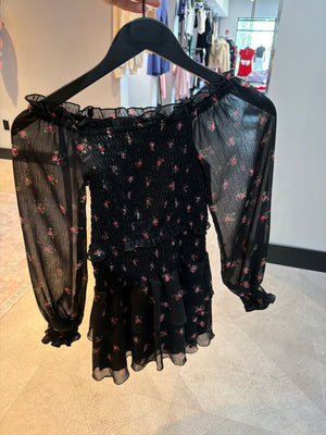 fbz Black with Red Floral Sheer Long Sleeve Dress