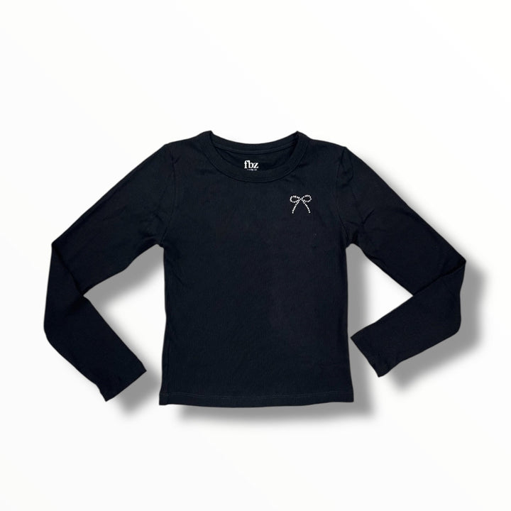 fbz Black Long Sleeve Top with Crystal Bow