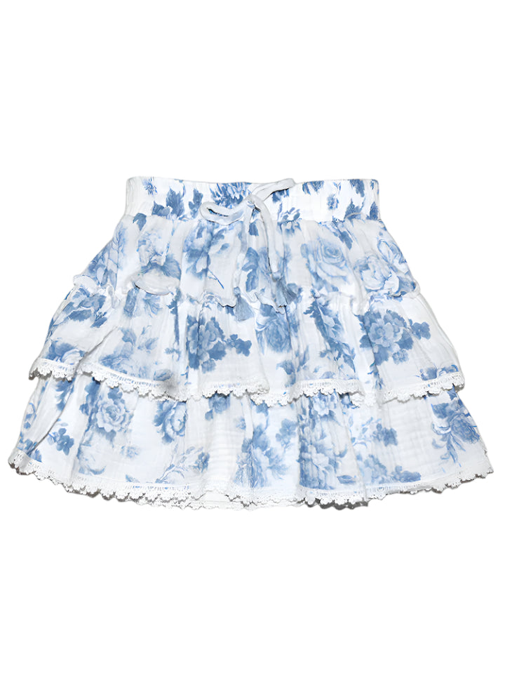fbz Blue Toile Layered Skirt with Lace Trim