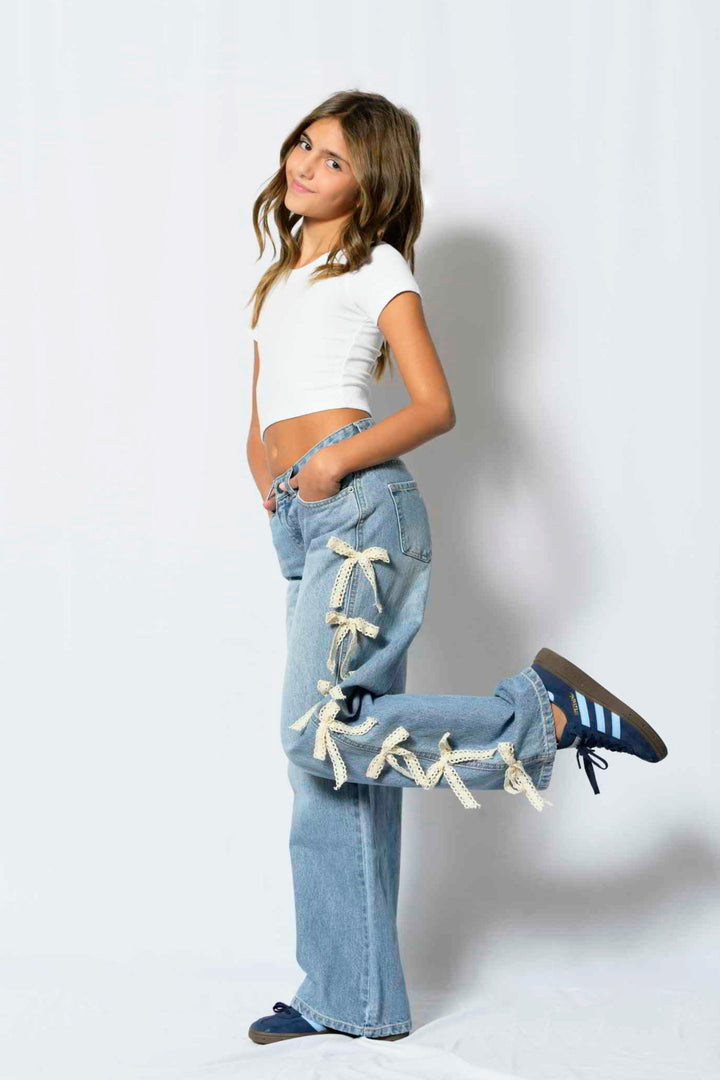KatieJ Tween Chicago Low Rise Jeans with Sunny Wash Lace Bows