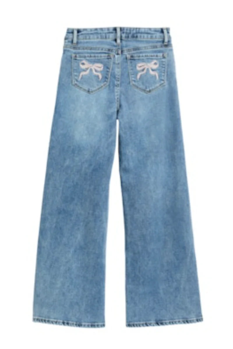 tractr Embroidered Bow Wide Leg Jean