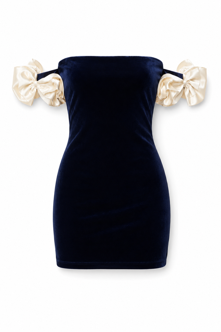 Theme Montgomery Navy with Cream Rosette Off the Shoulder Velour Dress