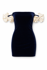 Theme Montgomery Navy with Cream Rosette Off the Shoulder Velour Dress