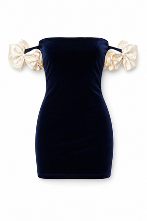 Theme Montgomery Navy with Cream Rosette Off the Shoulder Velour Dress