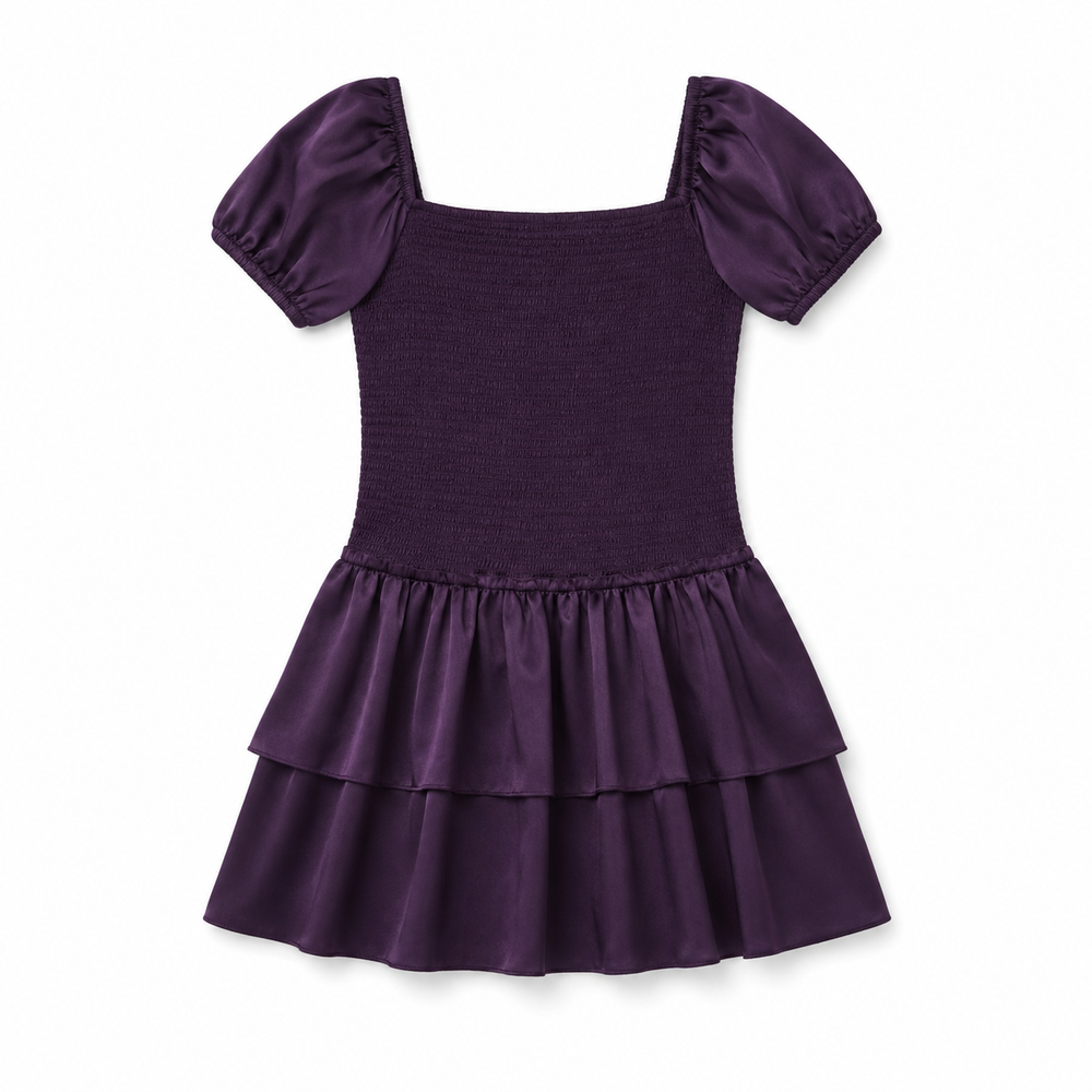 ThemeNY Lexi Aubergine Satin Smocked Short Sleeve Ruffle Dress