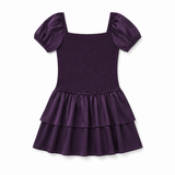 ThemeNY Lexi Aubergine Satin Smocked Short Sleeve Ruffle Dress