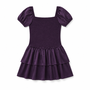 ThemeNY Lexi Aubergine Satin Smocked Short Sleeve Ruffle Dress