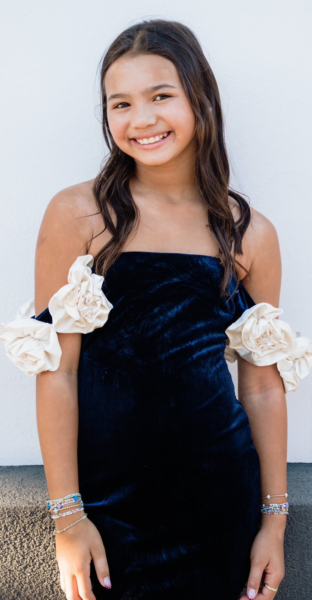 Theme Montgomery Navy with Cream Rosette Off the Shoulder Velour Dress
