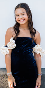 Theme Montgomery Navy with Cream Rosette Off the Shoulder Velour Dress