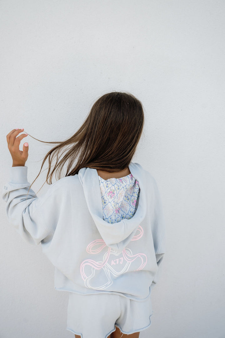 Tristan Cropped Hooded Sweatshirt, Baby Blue/Floral Baroque