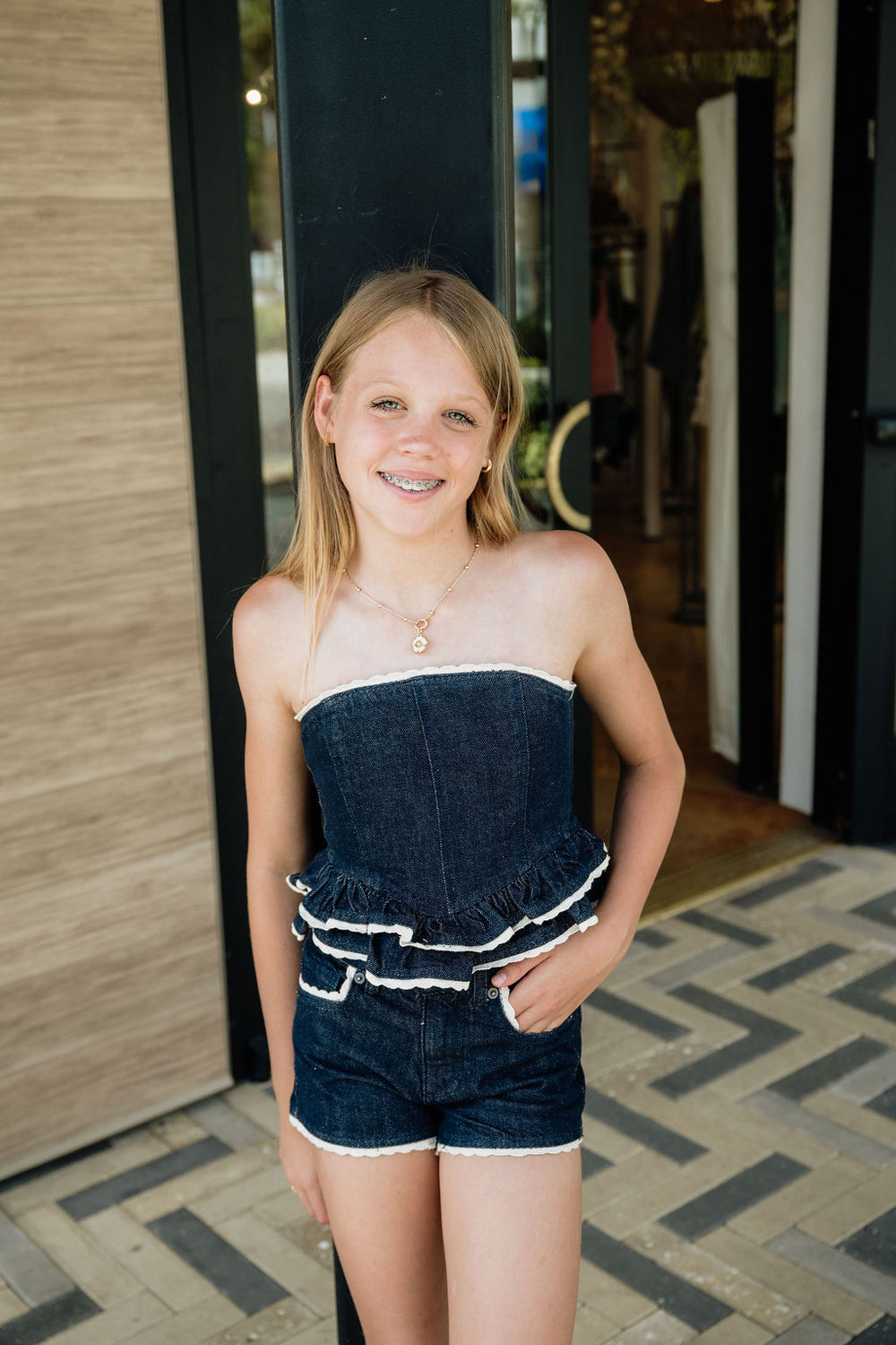 KatieJ Kauai Denim Lace Trim Bustier