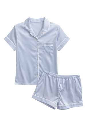 KatieJ Olivia Solid Satin Shorts Lounge Set, Baby Blue / White