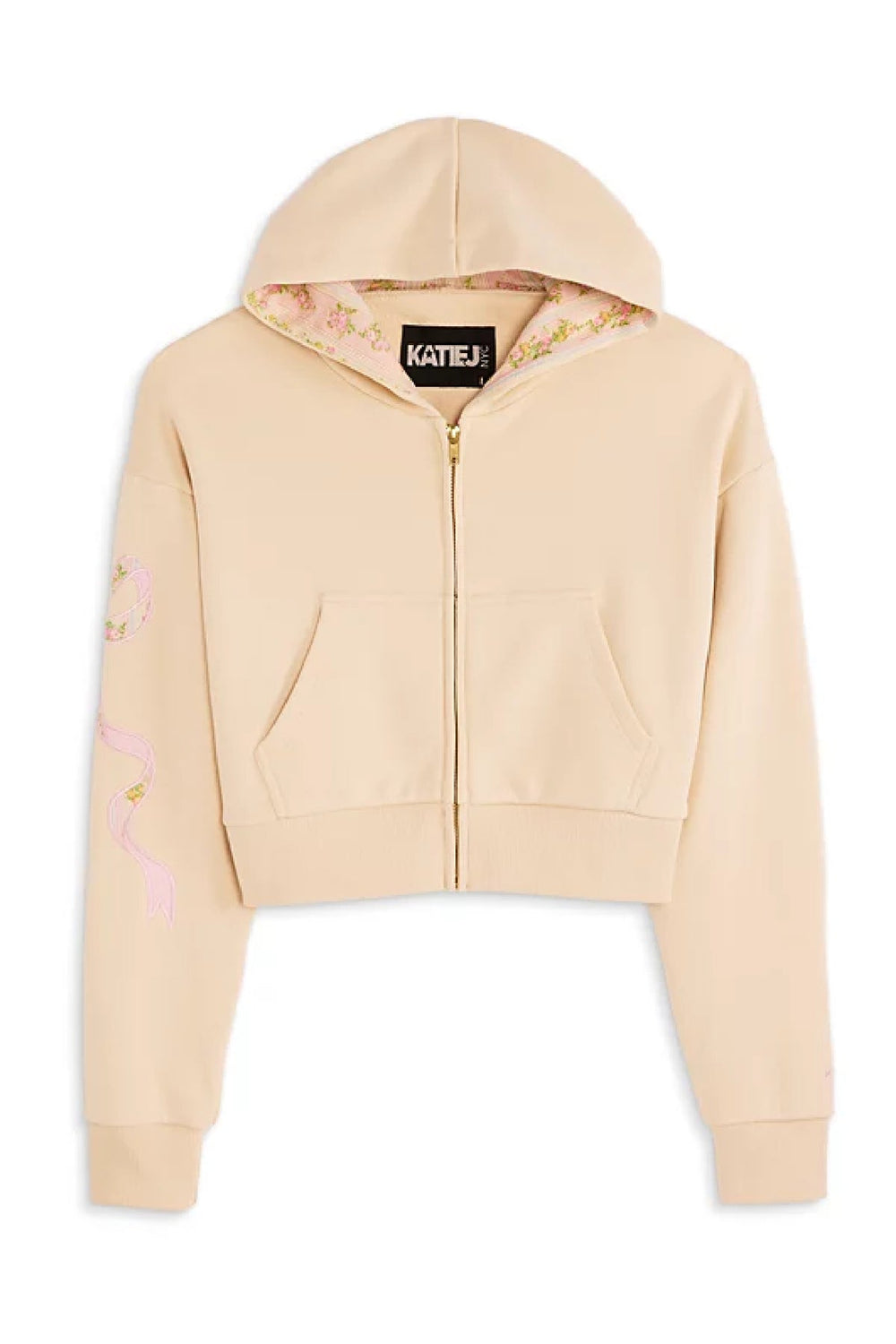 KatieJ Dylan Bow Croppped Zip Up Hoodie, Taupe Shabby Floral