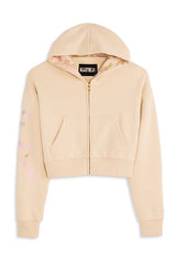 KatieJ Dylan Bow Croppped Zip Up Hoodie, Taupe Shabby Floral