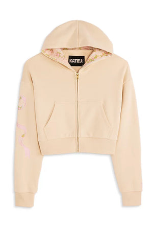 KatieJ Dylan Bow Croppped Zip Up Hoodie, Taupe Shabby Floral