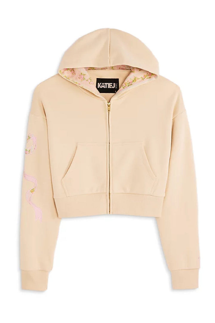 KatieJ Dylan Bow Croppped Zip Up Hoodie, Taupe Shabby Floral